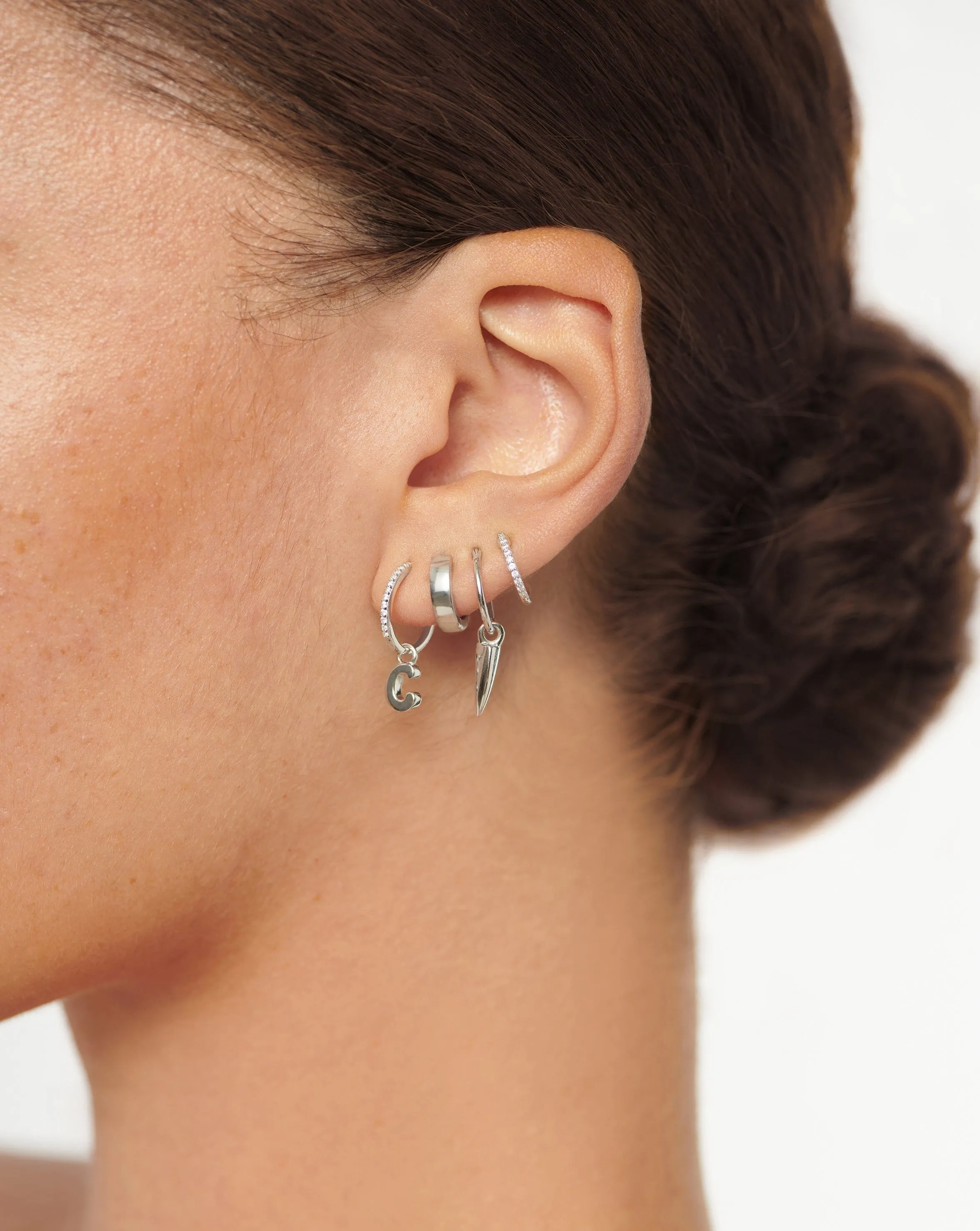 Initial Single Charm Hoop Earring  - Initial C | Sterling Silver