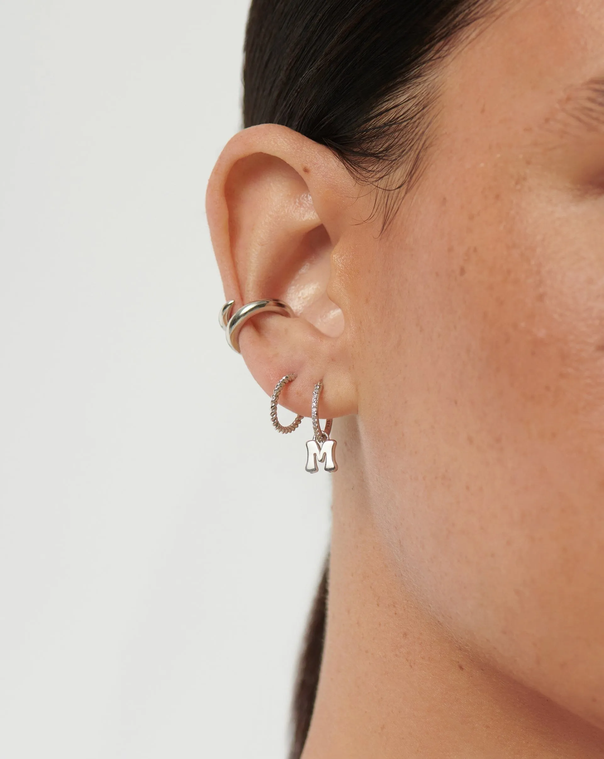 Initial Single Charm Hoop Earring  - Initial M | Sterling Silver