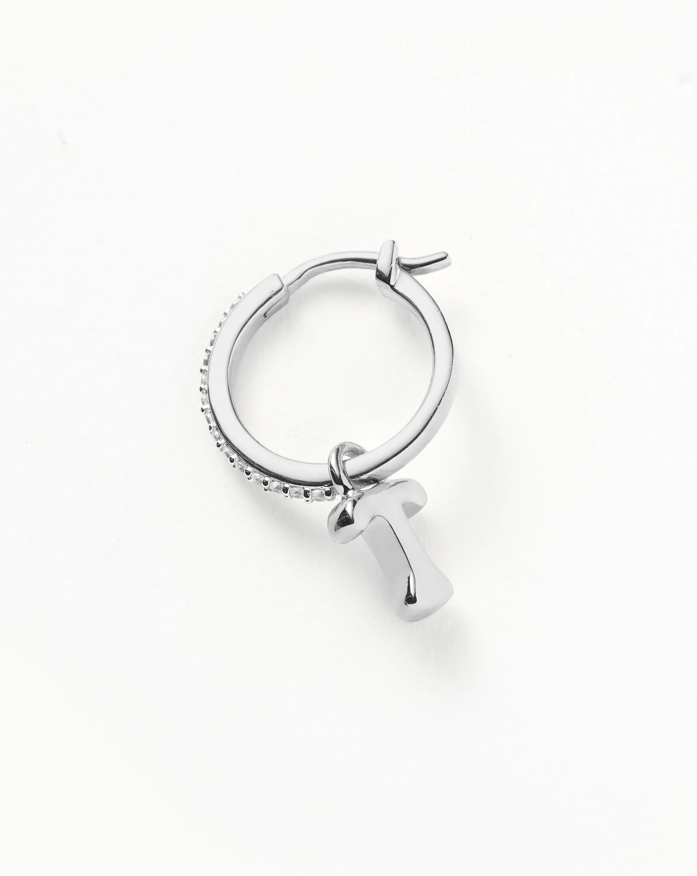 Initial Single Charm Hoop Earring  - Initial T | Sterling Silver