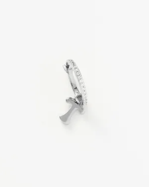 Initial Single Charm Hoop Earring  - Initial T | Sterling Silver