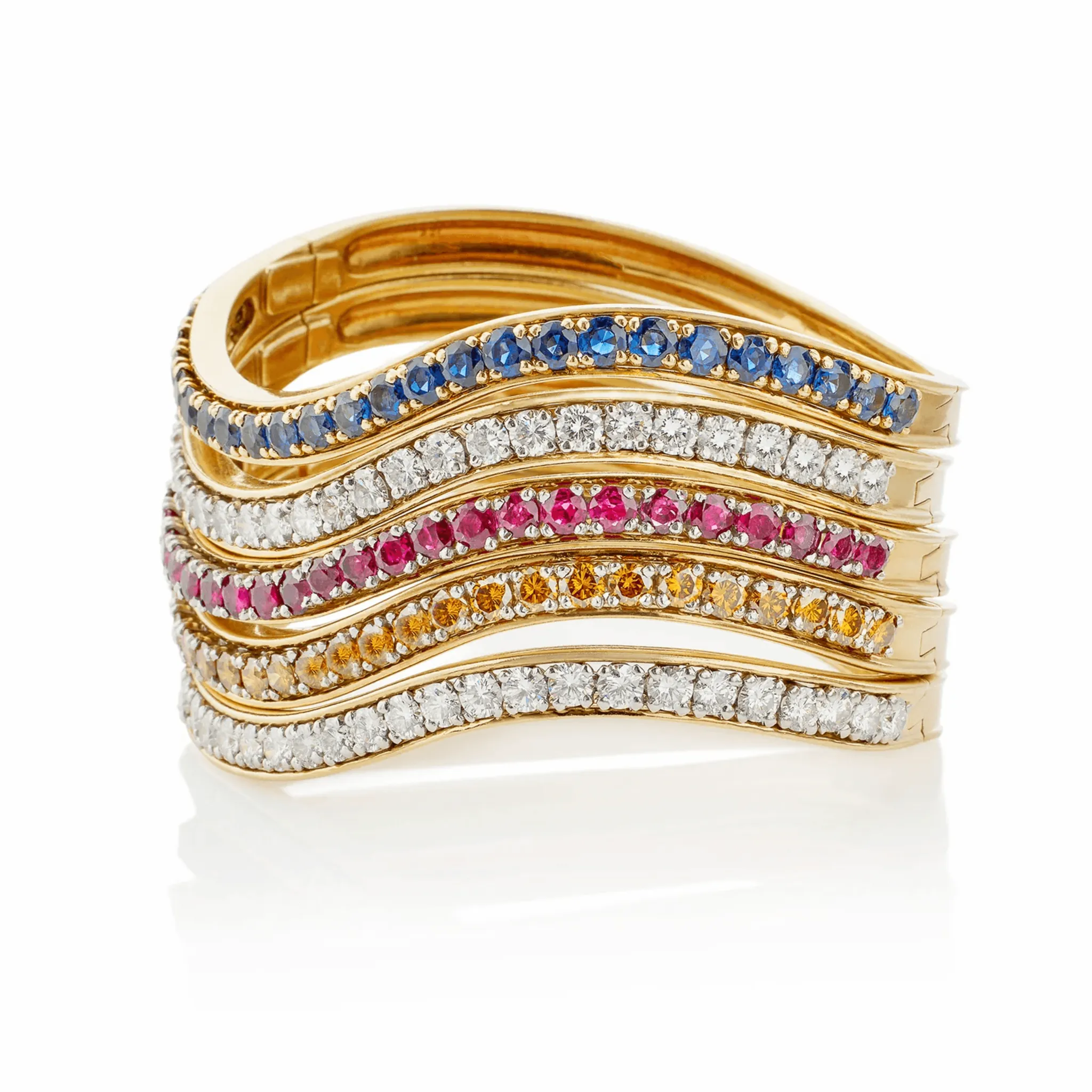 Oscar Heyman Bros NY 1970s Platinum & 18KT Yellow Gold Diamond, Ruby & Sapphire Bracelets