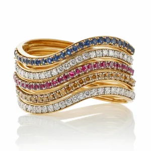 Oscar Heyman Bros NY 1970s Platinum & 18KT Yellow Gold Diamond, Ruby & Sapphire Bracelets