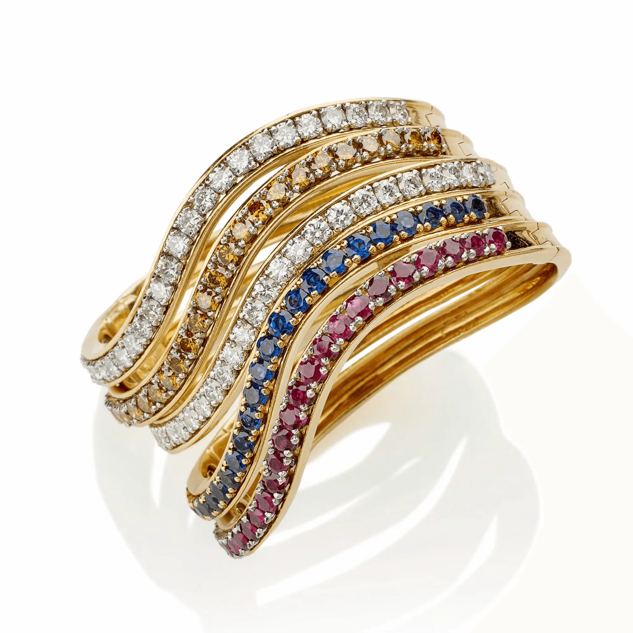 Oscar Heyman Bros NY 1970s Platinum & 18KT Yellow Gold Diamond, Ruby & Sapphire Bracelets