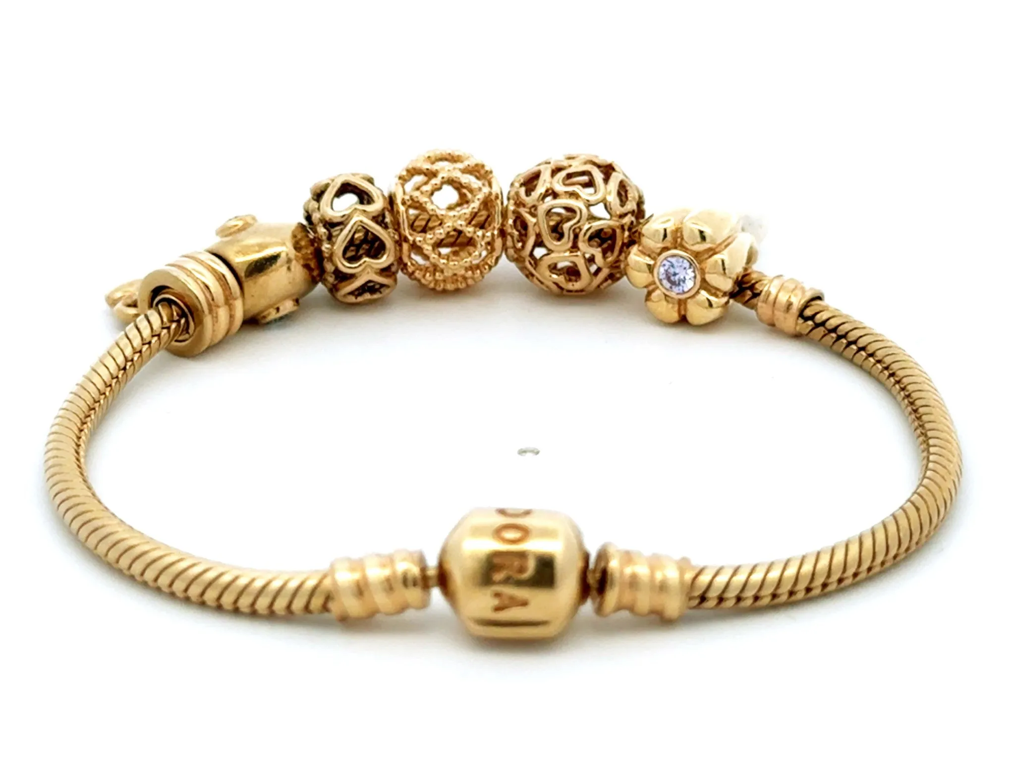 Pandora 14k Solid Yellow Gold 6 Charm Diamond Heart Bracelet