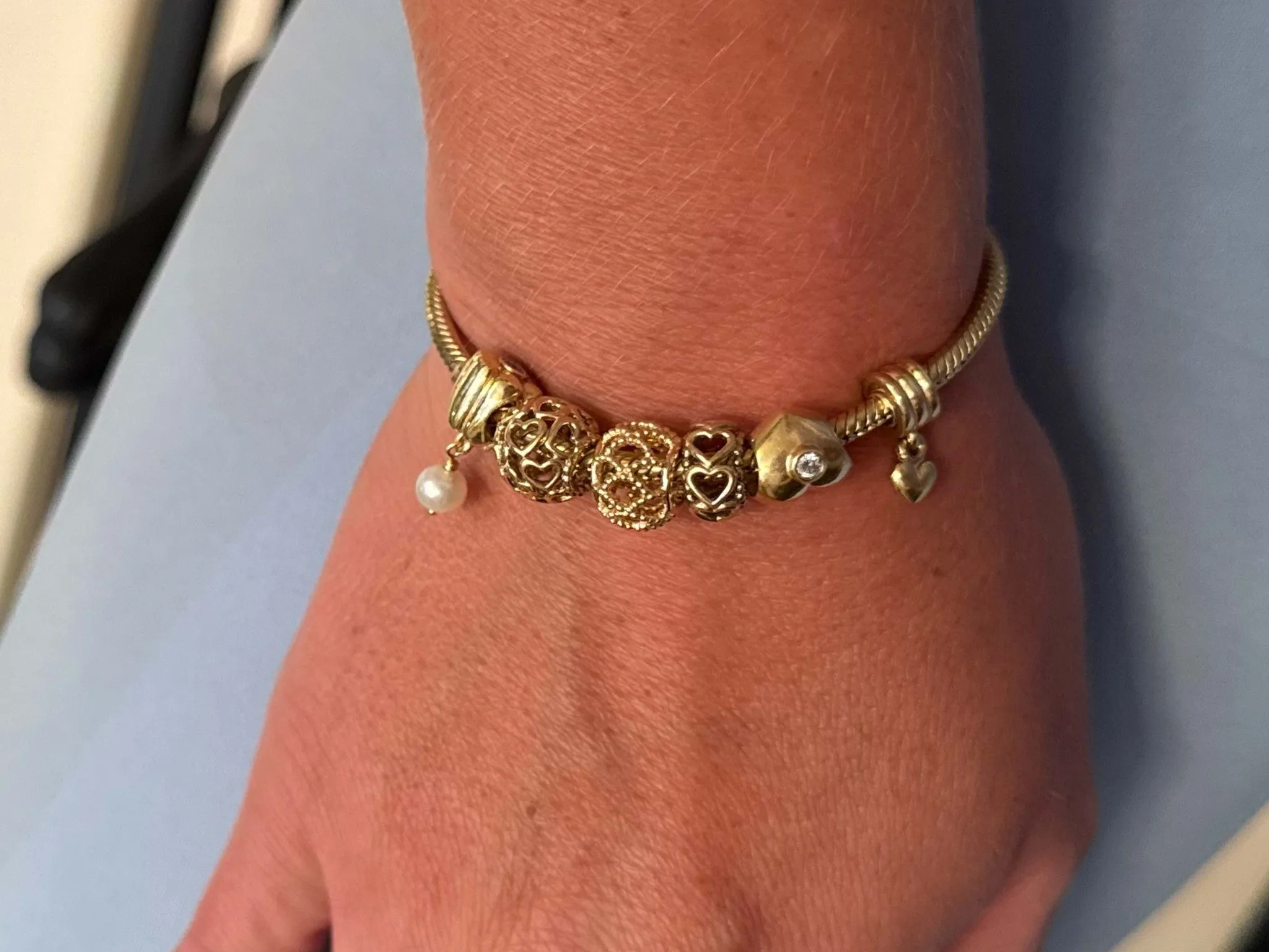 Pandora 14k Solid Yellow Gold 6 Charm Diamond Heart Bracelet