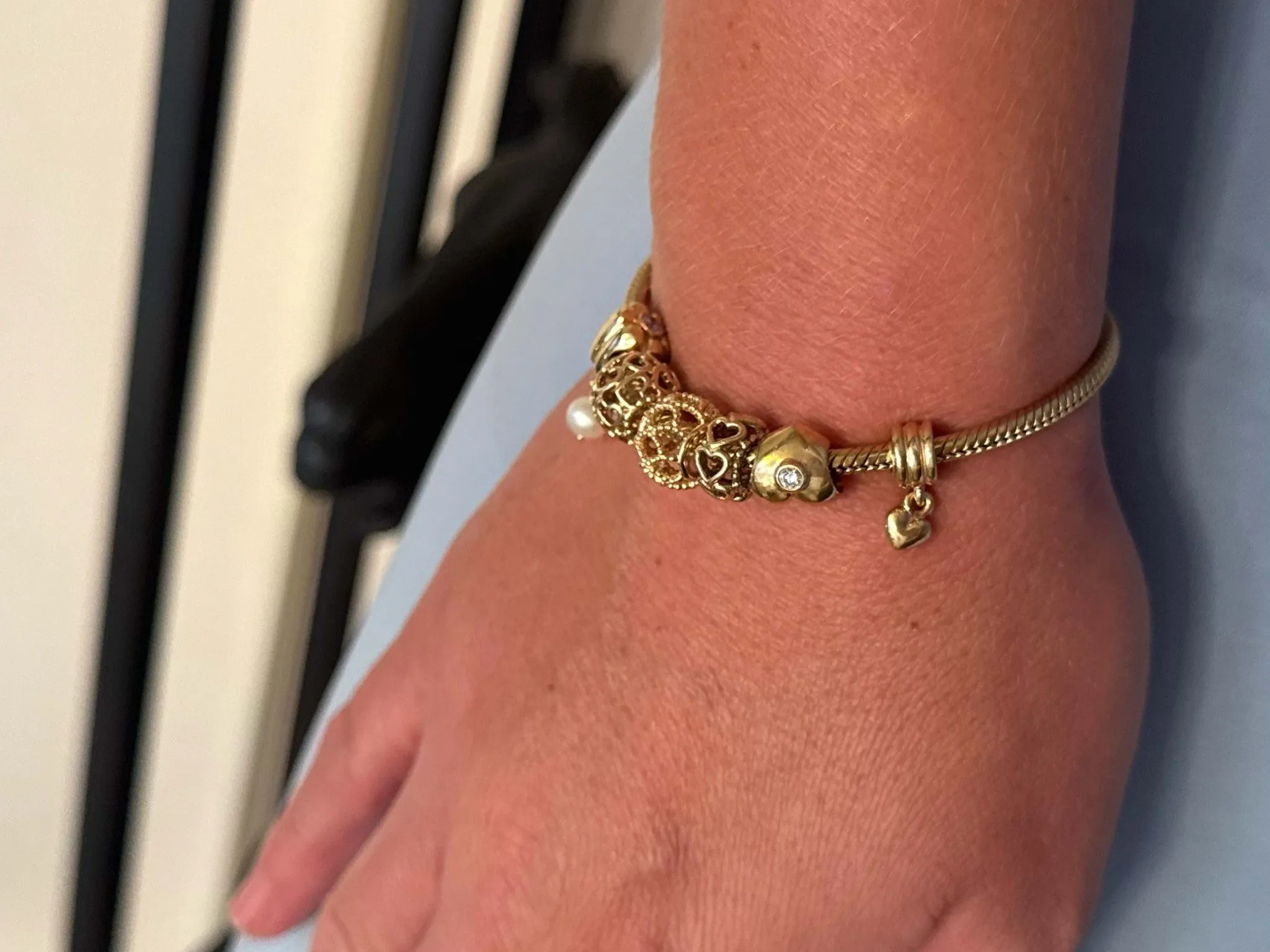 Pandora 14k Solid Yellow Gold 6 Charm Diamond Heart Bracelet