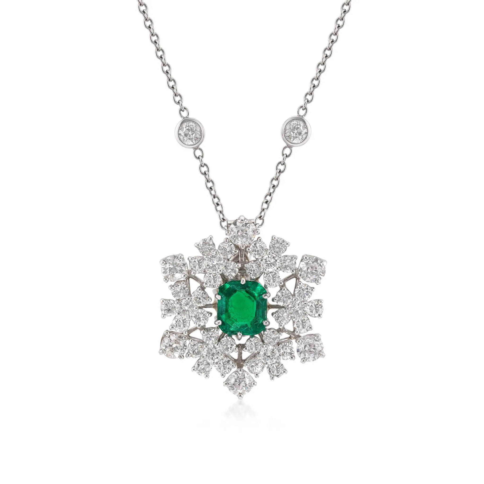 Post-1980s 14KT White Gold & Platinum Emerald & Diamond Necklace
