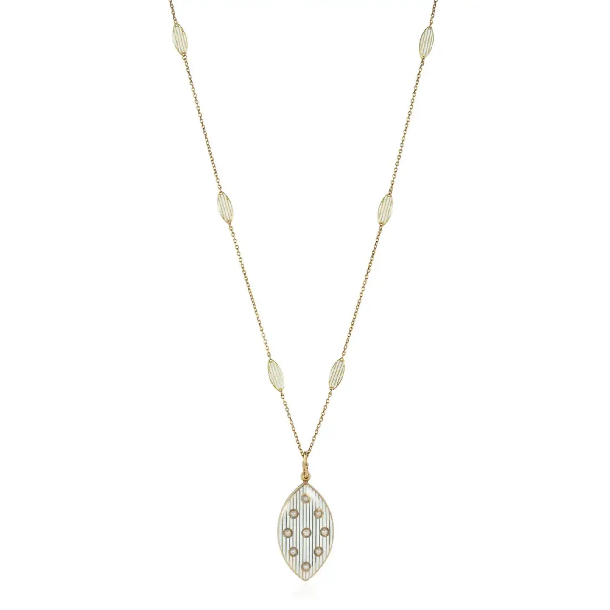 Riker Bros. Art Nouveau 14KT Yellow Gold Enamel & Natural Pearl Locket Necklace