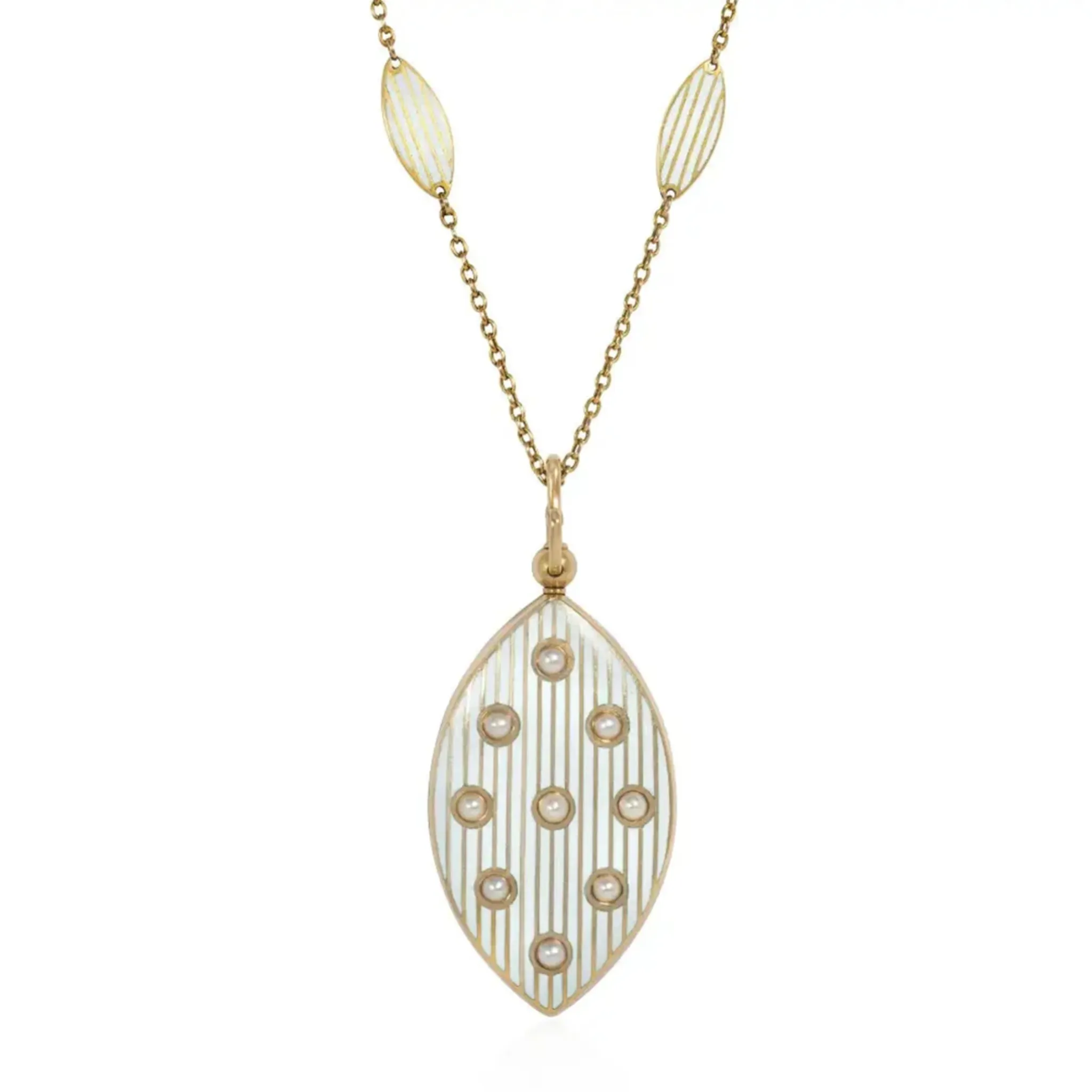 Riker Bros. Art Nouveau 14KT Yellow Gold Enamel & Natural Pearl Locket Necklace