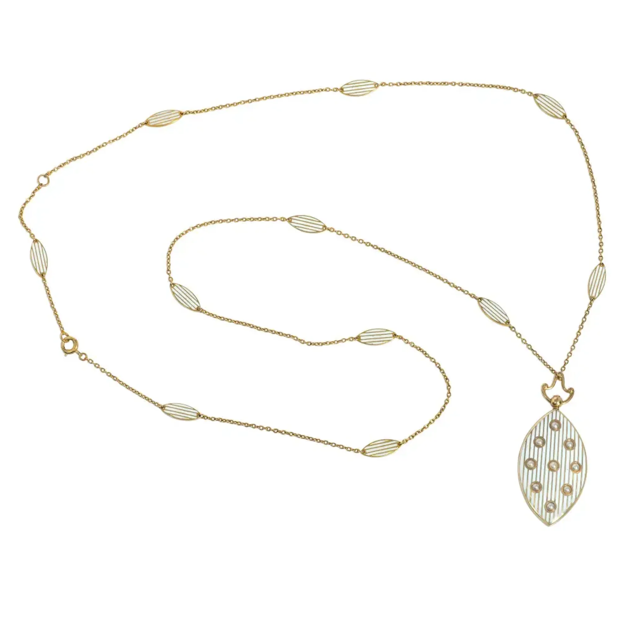 Riker Bros. Art Nouveau 14KT Yellow Gold Enamel & Natural Pearl Locket Necklace