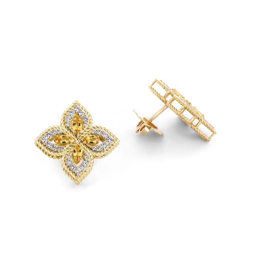 Roberto Coin | 1.24tw Diamond   Yellow Sapphire Venetian Princess Stud Earrings - 18K Yellow Gold