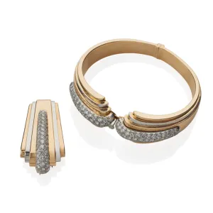 Tiffany & Co. 1930s Platinum & 18KT Yellow Gold Diamond Bracelet & Clip Set