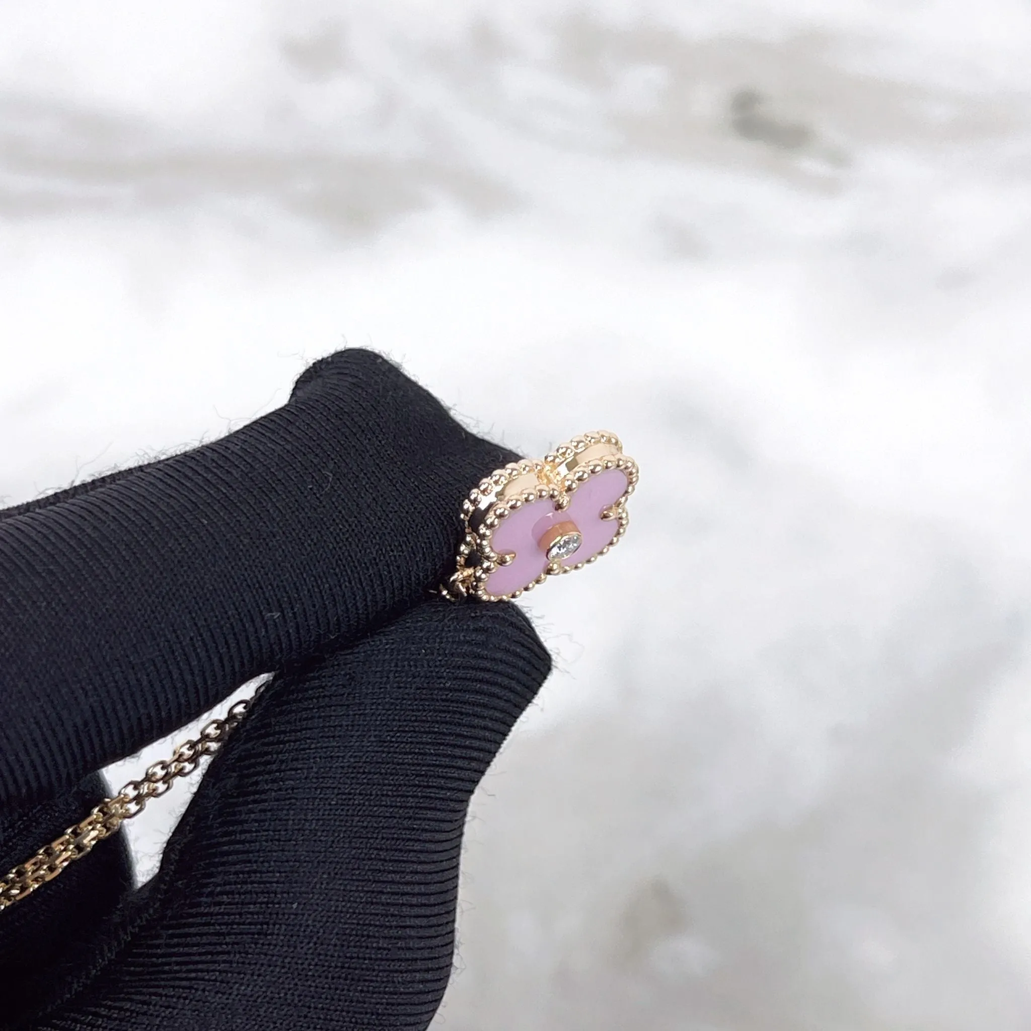 Van Cleef and Arpels VCA Holiday Pendant, Vintage Alhambra Diamond, Pink Sevres, 18kt Gold