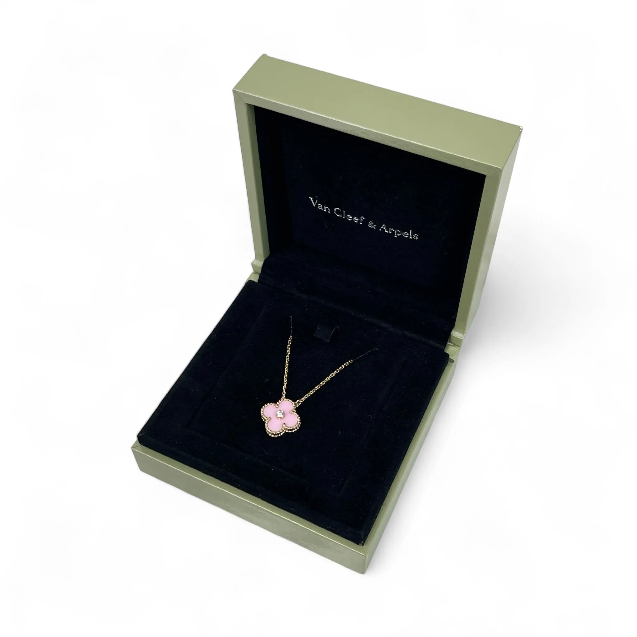 Van Cleef and Arpels VCA Holiday Pendant, Vintage Alhambra Diamond, Pink Sevres, 18kt Gold