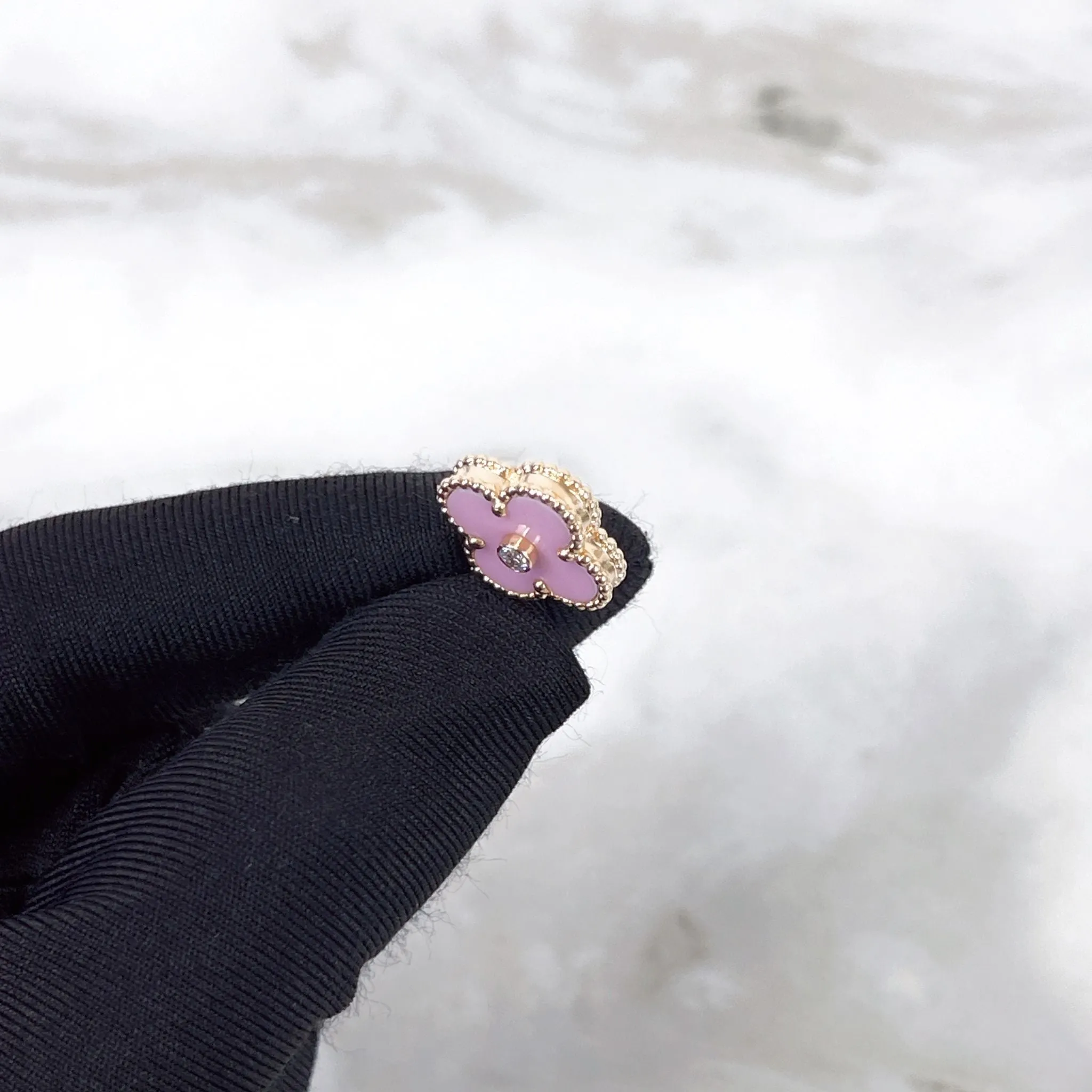 Van Cleef and Arpels VCA Holiday Pendant, Vintage Alhambra Diamond, Pink Sevres, 18kt Gold
