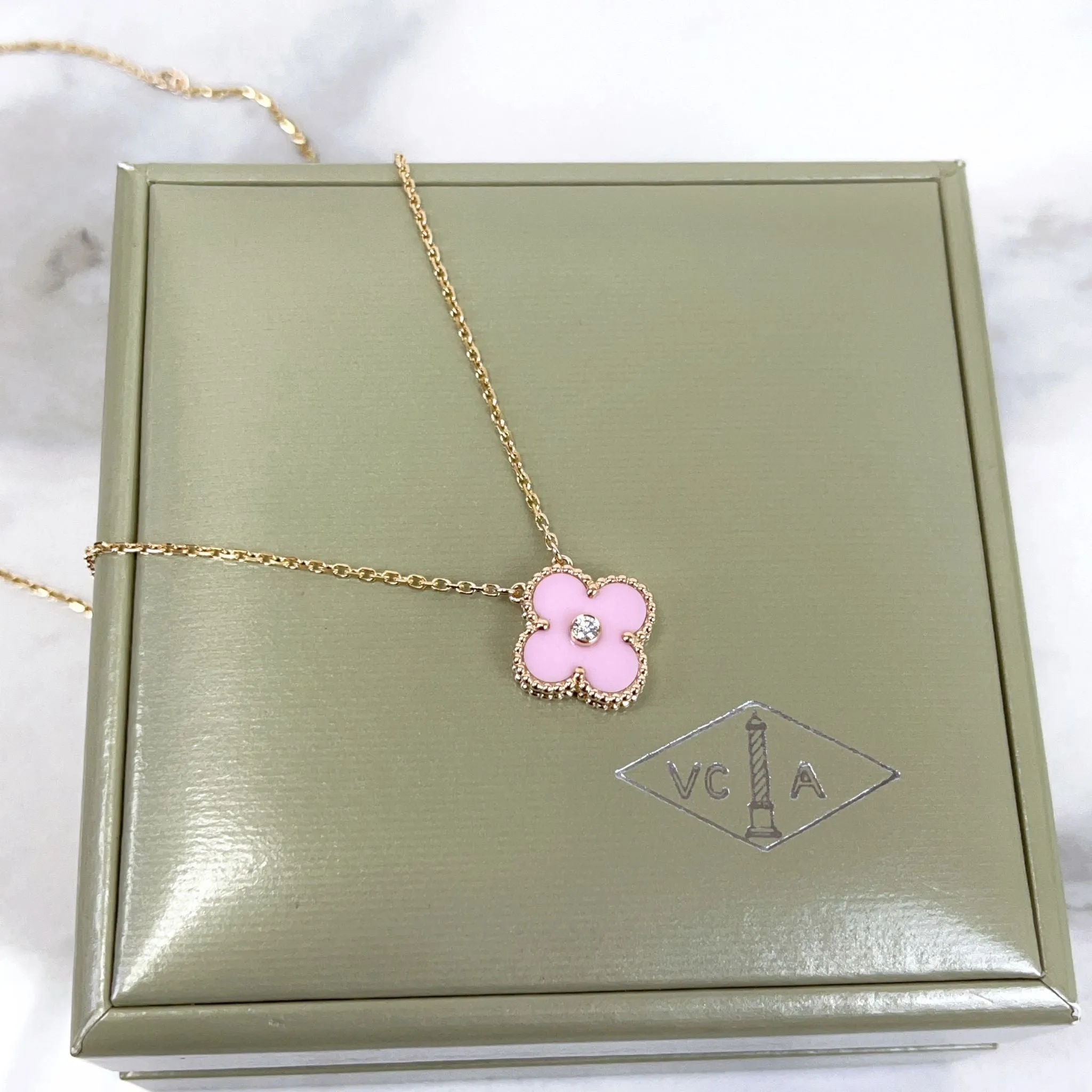 Van Cleef and Arpels VCA Holiday Pendant, Vintage Alhambra Diamond, Pink Sevres, 18kt Gold