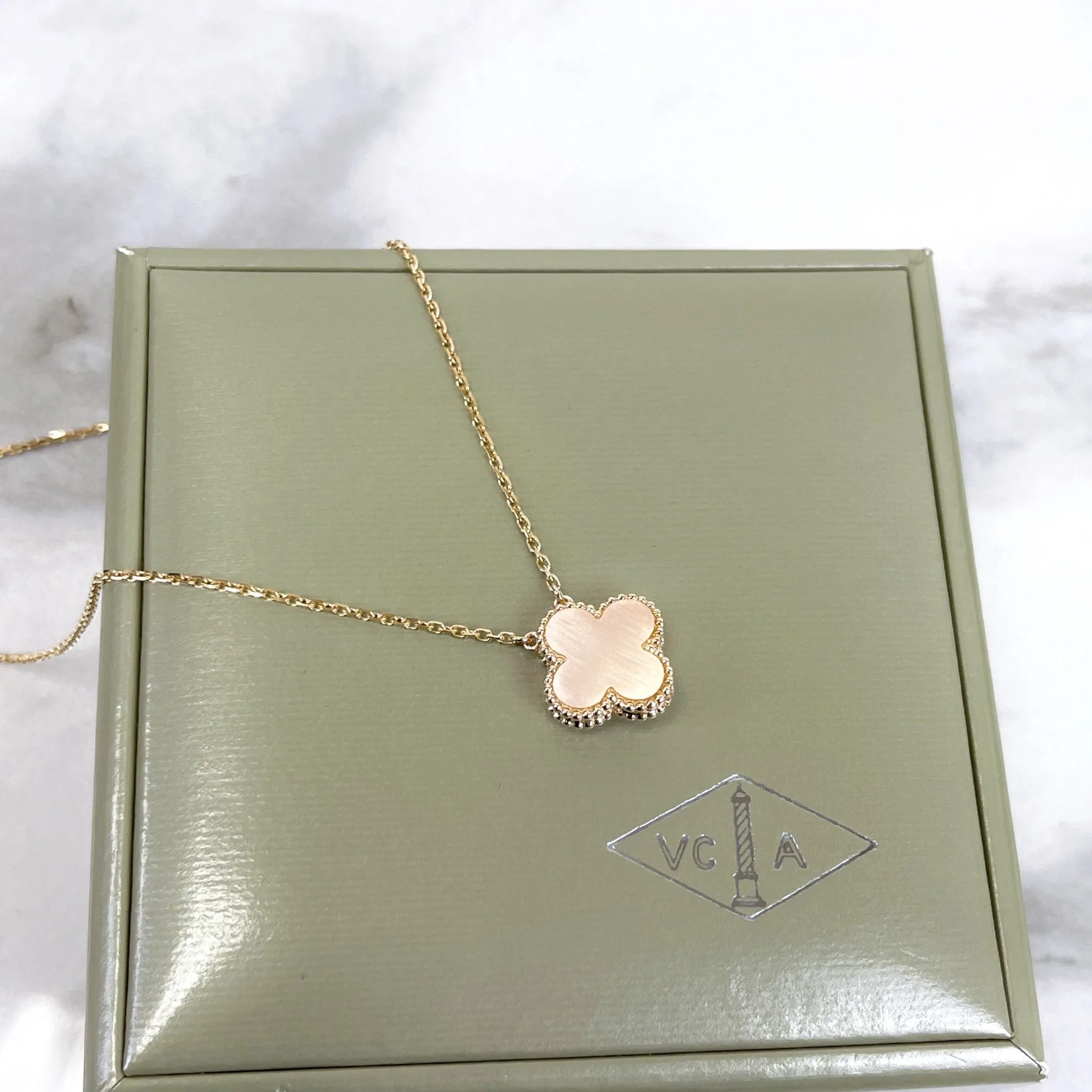 Van Cleef and Arpels VCA Holiday Pendant, Vintage Alhambra Diamond, Pink Sevres, 18kt Gold