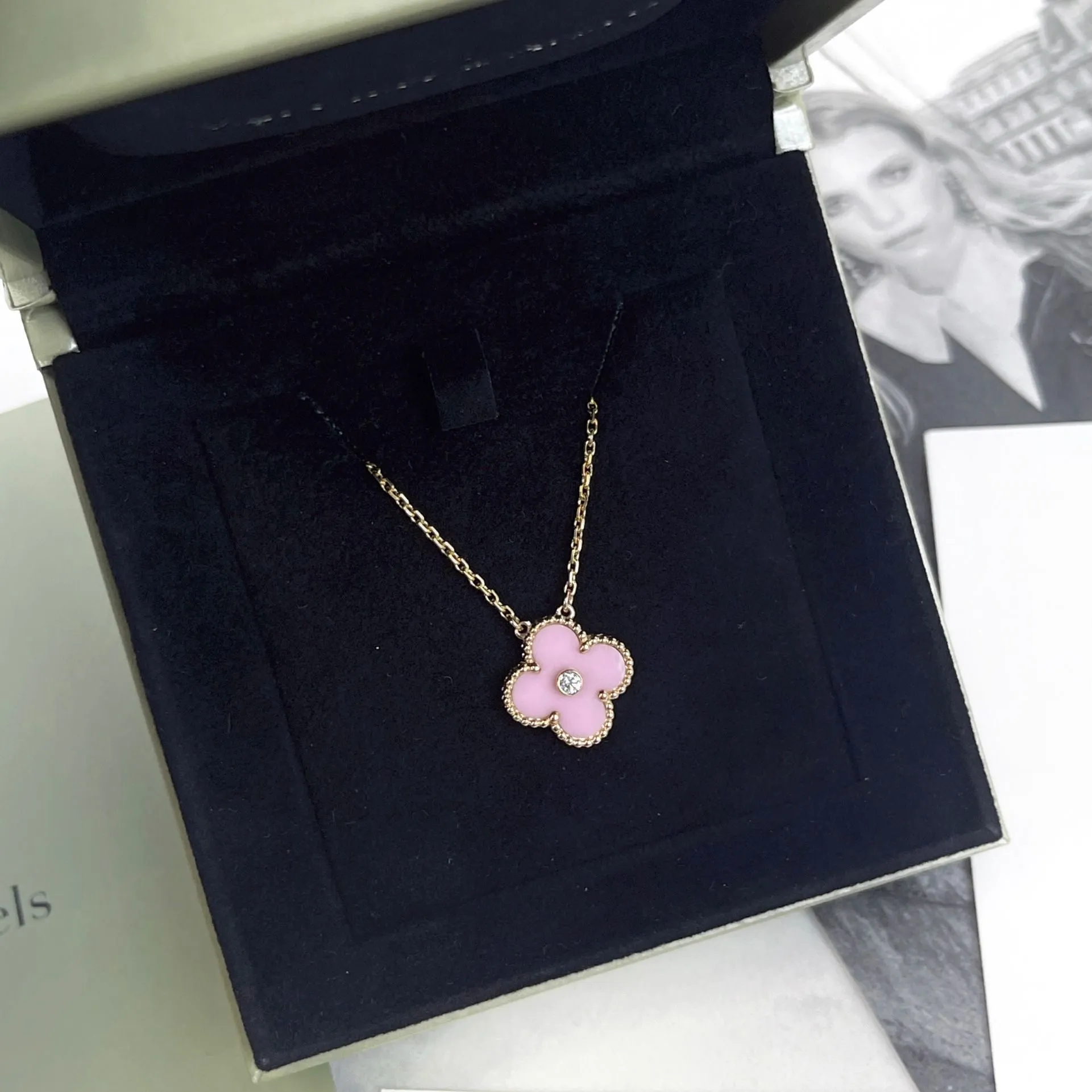 Van Cleef and Arpels VCA Holiday Pendant, Vintage Alhambra Diamond, Pink Sevres, 18kt Gold