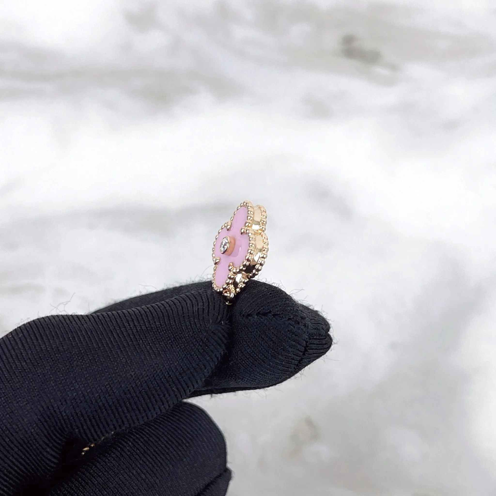Van Cleef and Arpels VCA Holiday Pendant, Vintage Alhambra Diamond, Pink Sevres, 18kt Gold