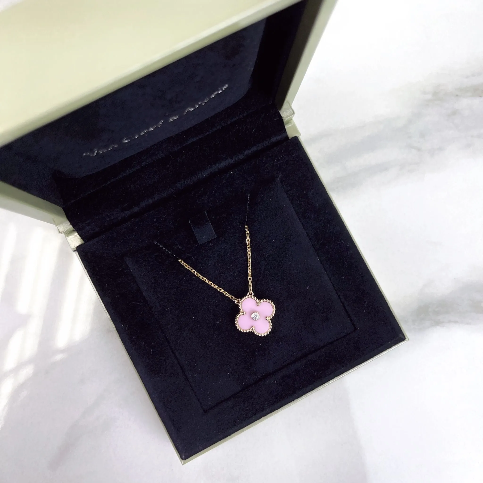 Van Cleef and Arpels VCA Holiday Pendant, Vintage Alhambra Diamond, Pink Sevres, 18kt Gold