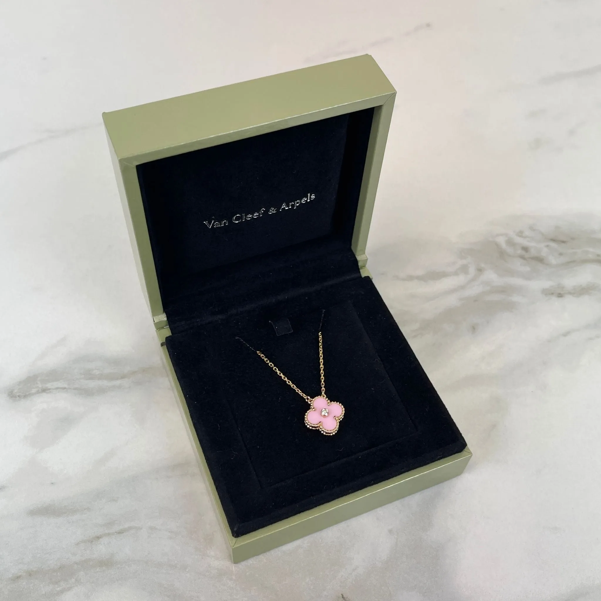 Van Cleef and Arpels VCA Holiday Pendant, Vintage Alhambra Diamond, Pink Sevres, 18kt Gold