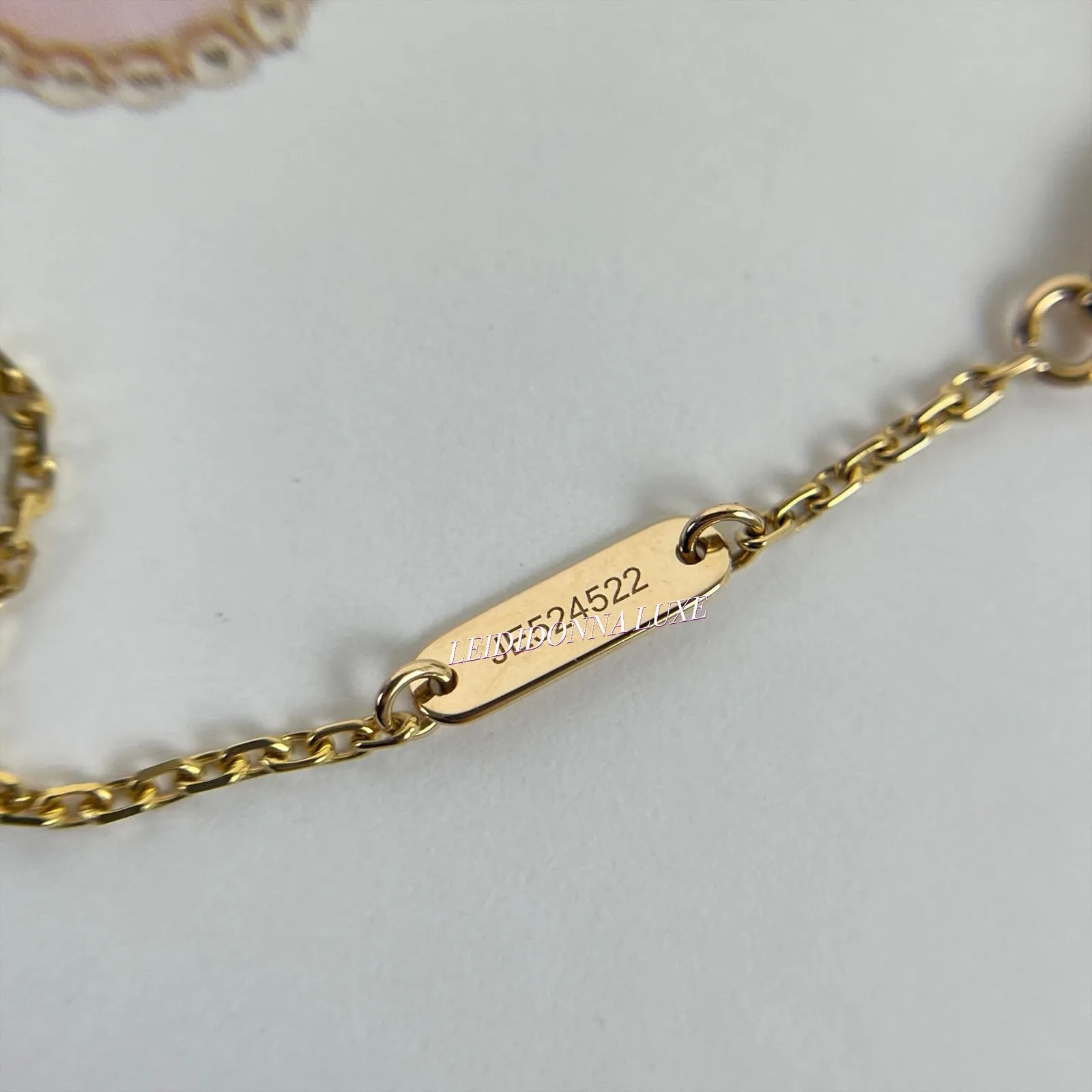Van Cleef and Arpels VCA Holiday Pendant, Vintage Alhambra Diamond, Pink Sevres, 18kt Gold