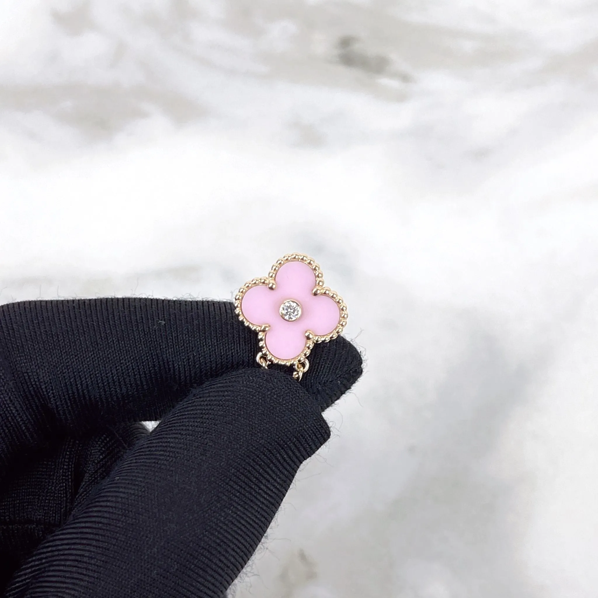 Van Cleef and Arpels VCA Holiday Pendant, Vintage Alhambra Diamond, Pink Sevres, 18kt Gold