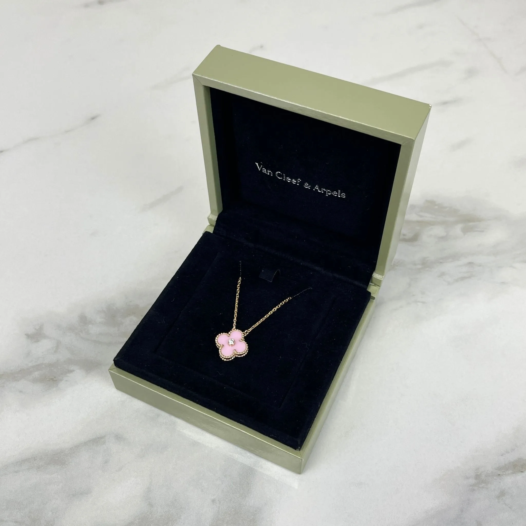 Van Cleef and Arpels VCA Holiday Pendant, Vintage Alhambra Diamond, Pink Sevres, 18kt Gold