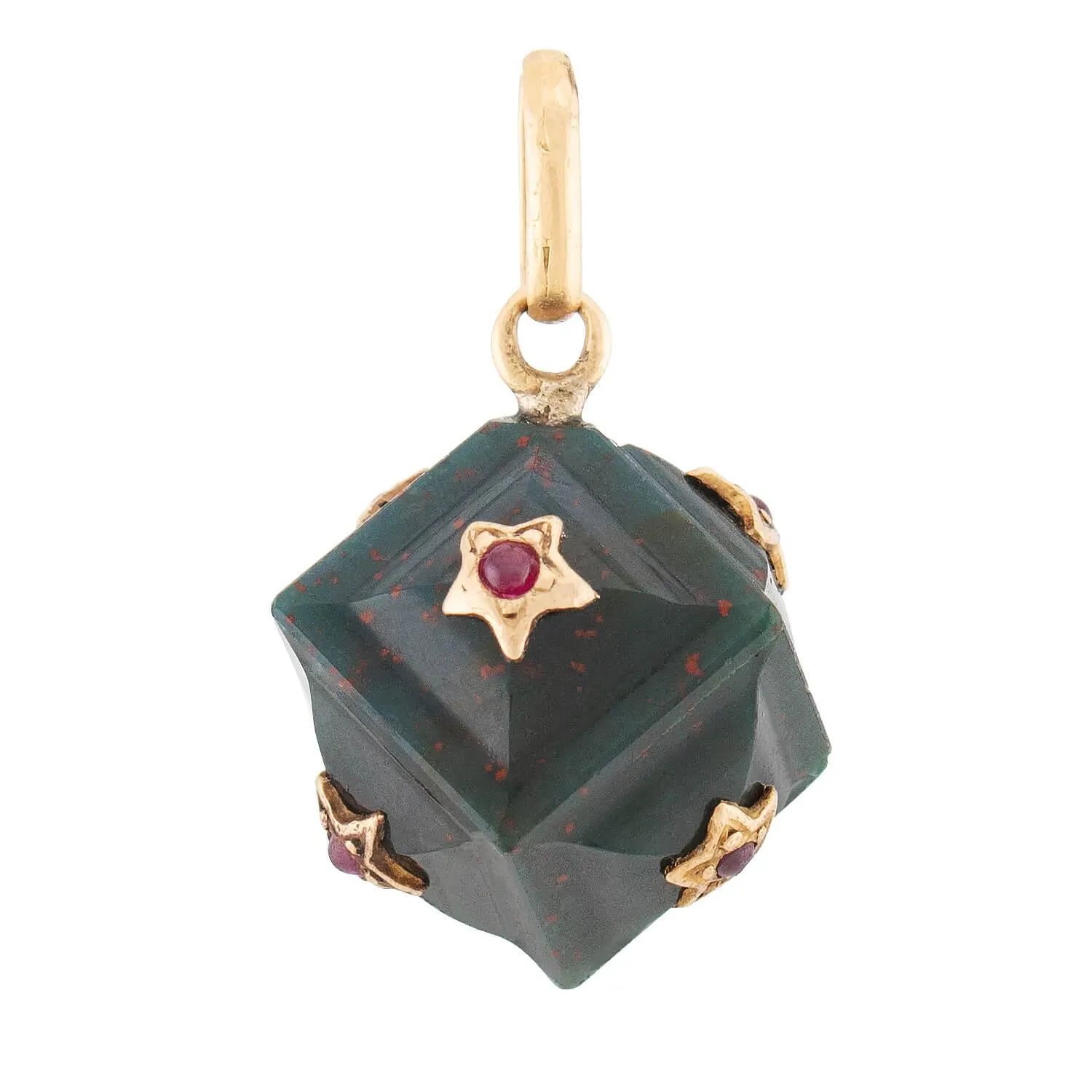 Victorian 14k Bloodstone and Ruby Cube Pendant/Charm