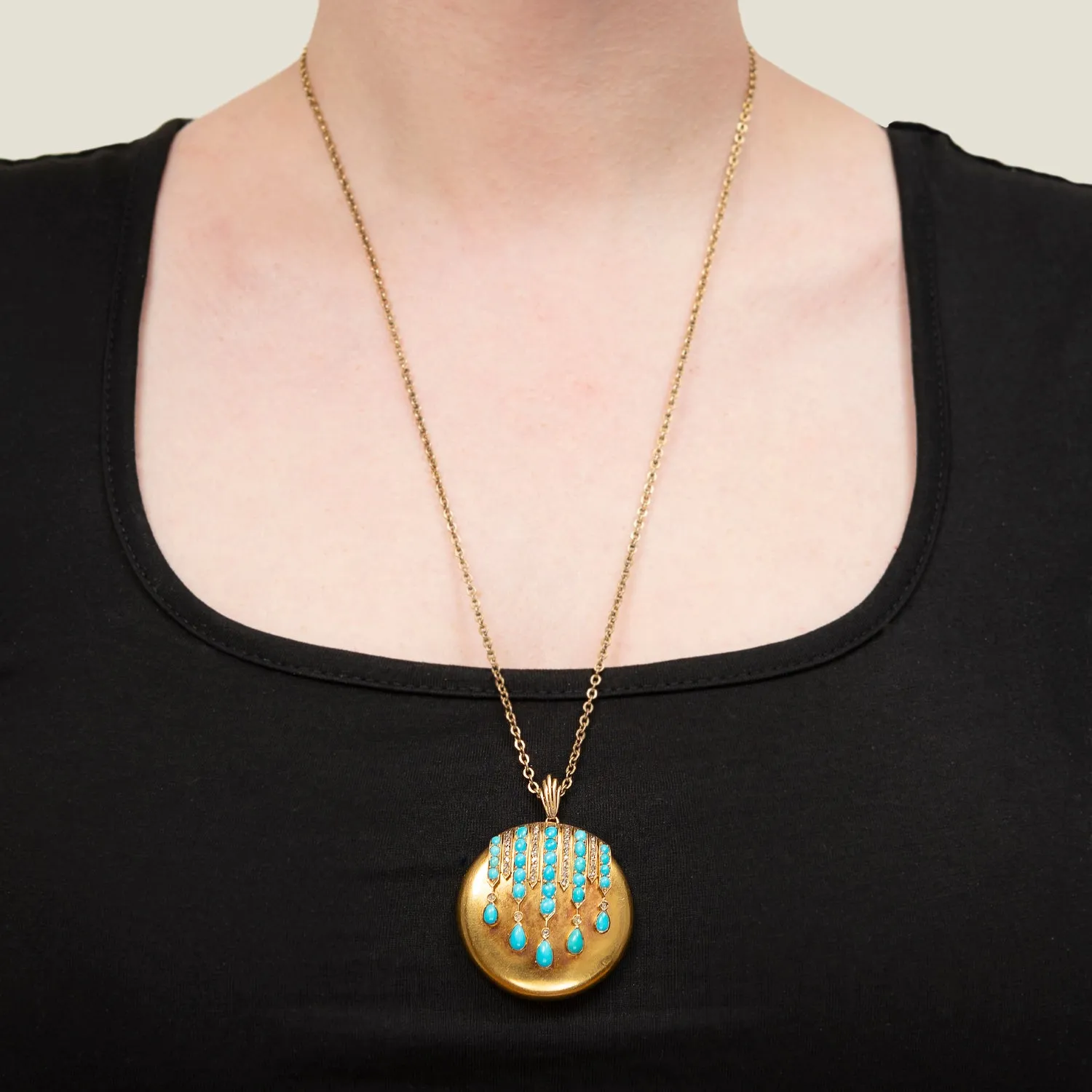 Victorian 14k Turquoise   Diamond Round Locket