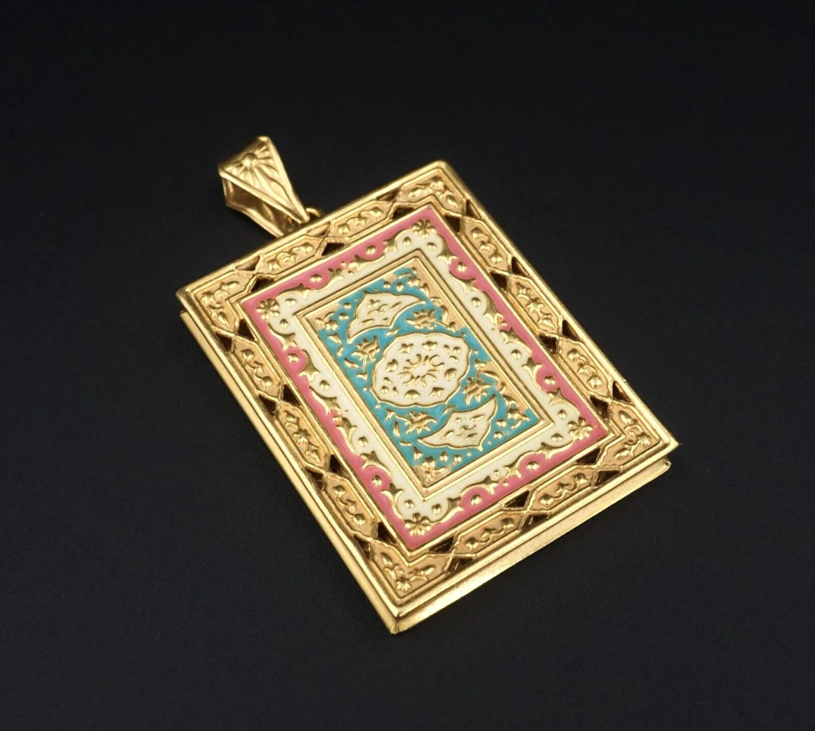 Vintage 21k Yellow Gold Locket Persian Enamel Pendant 2.15" Lefthand Open PG1799